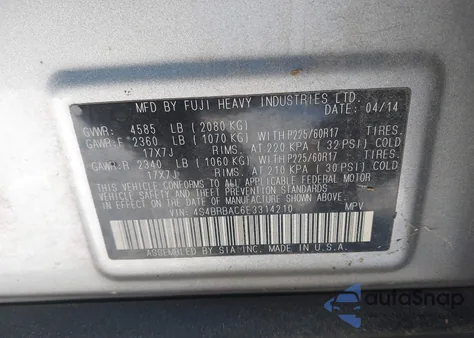 2014 Subaru Outback 2.5I из США, поврежденный, VIN 4S4BRBAC6E3314210